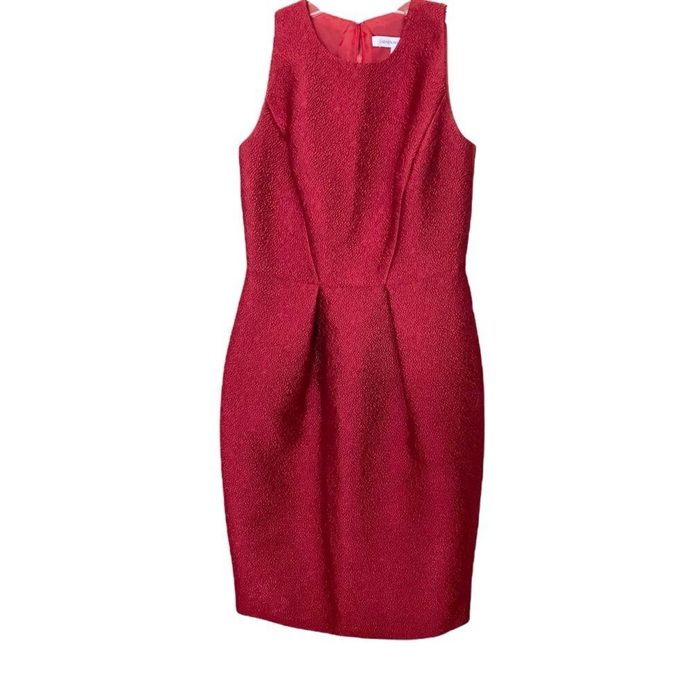 Carmen Marc Valvo Sleeveless Sheath Red Crinkle Dress Sz 6